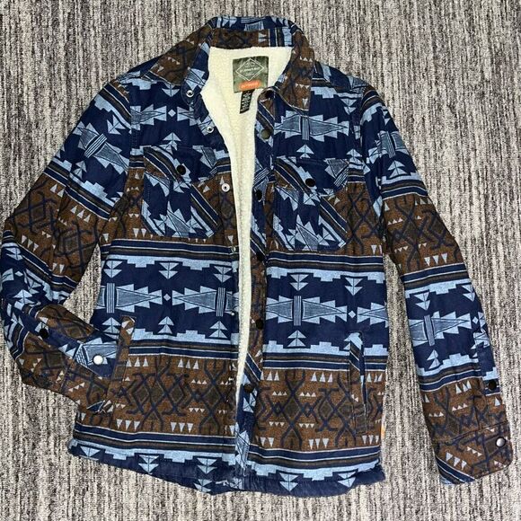 St John‘s Bay Men’s Size Small Outdoor Jacket Shearling Lined‎ Brown Blue Aztec - Picture 1 of 8